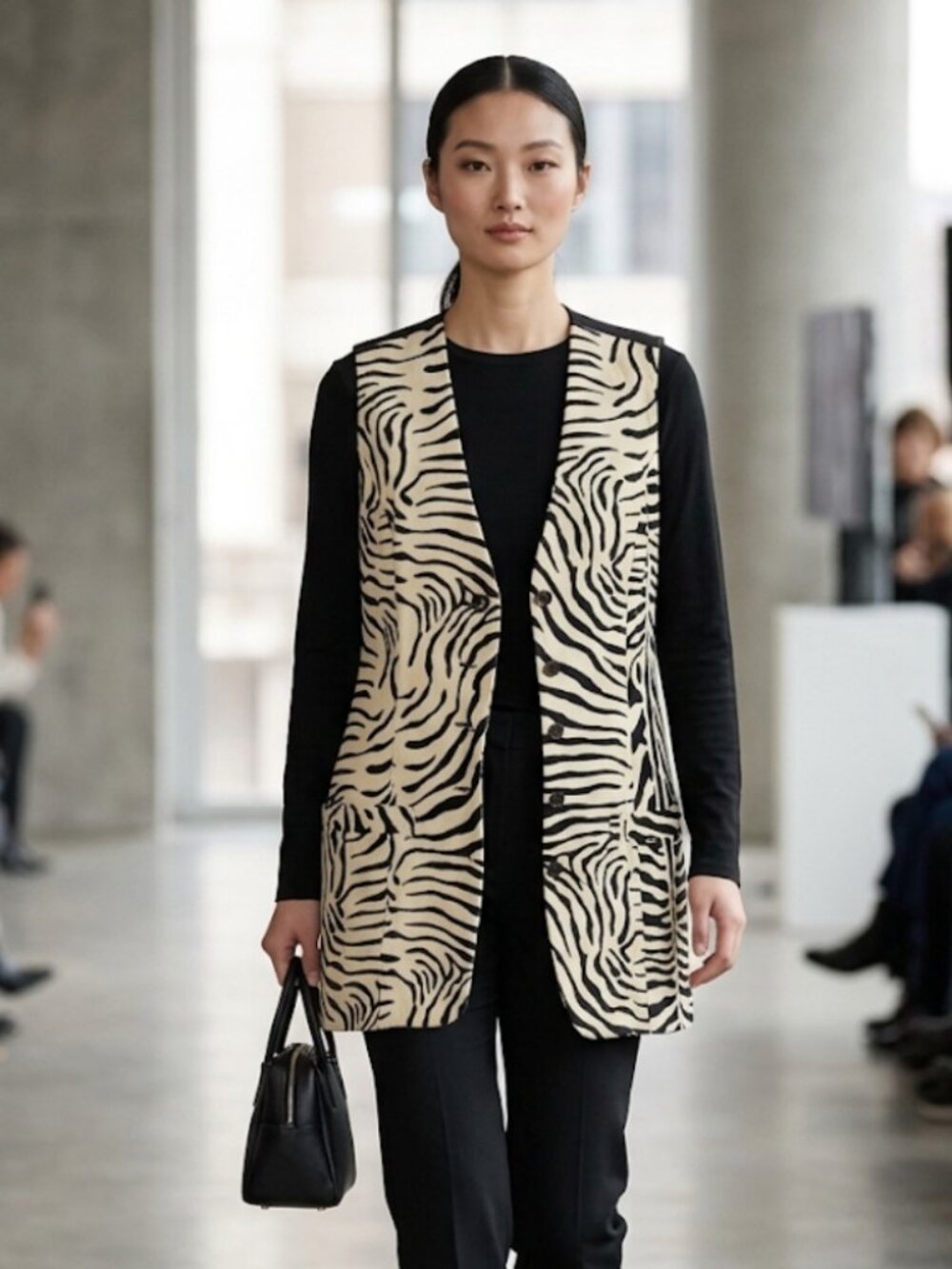 VTG Jeffrey Halper Zebra Print Sleeveless Vest Black Tan Boho Womens Size S